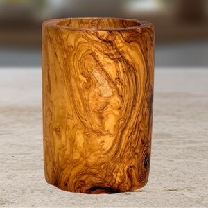 World Market Utensil Holder Natural Handmade Olive Wood Rustic Round Boho 6”